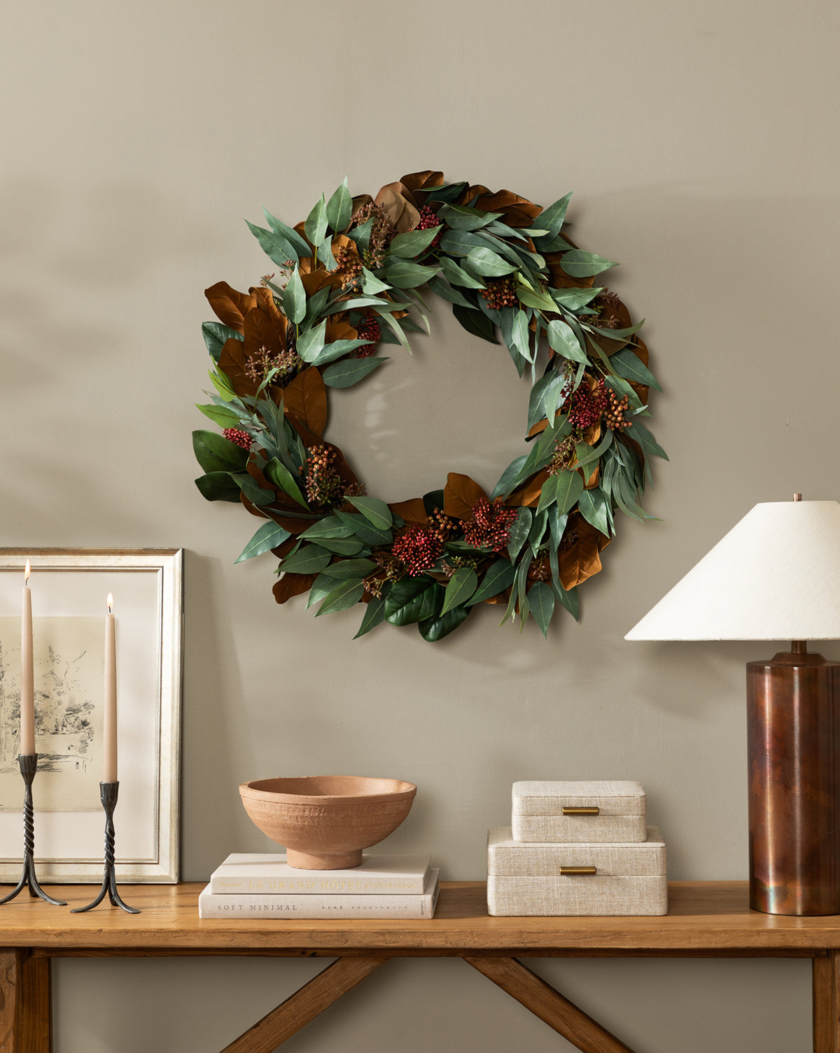 30" Faux Magnolia & Eucalyptus Wreath