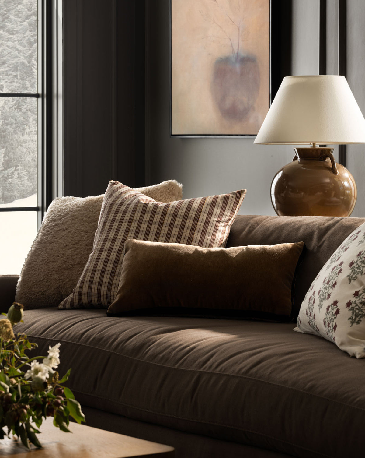 Brown Mohair Pillow with Velvet Stripe